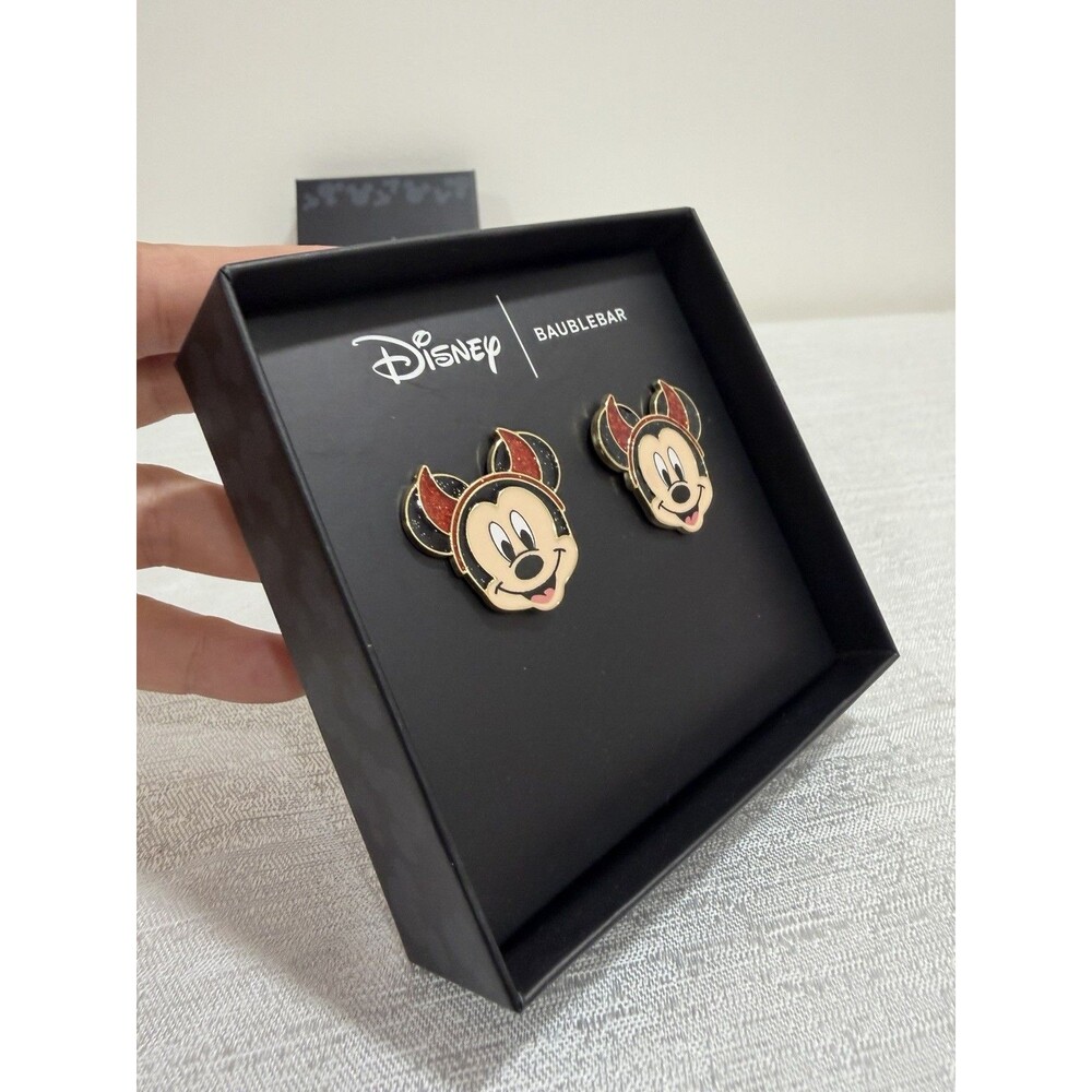 Disney Baublebar Mickey Mouse Red Devil Horns Enamel Stud Earrings Halloween NIB - Picture 3 of 6